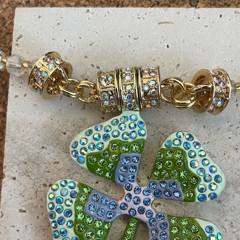Kirks Folly Crystal Shamrock Clover Necklace Green Blue Lucky Charm Statement - Picture 6 of 6